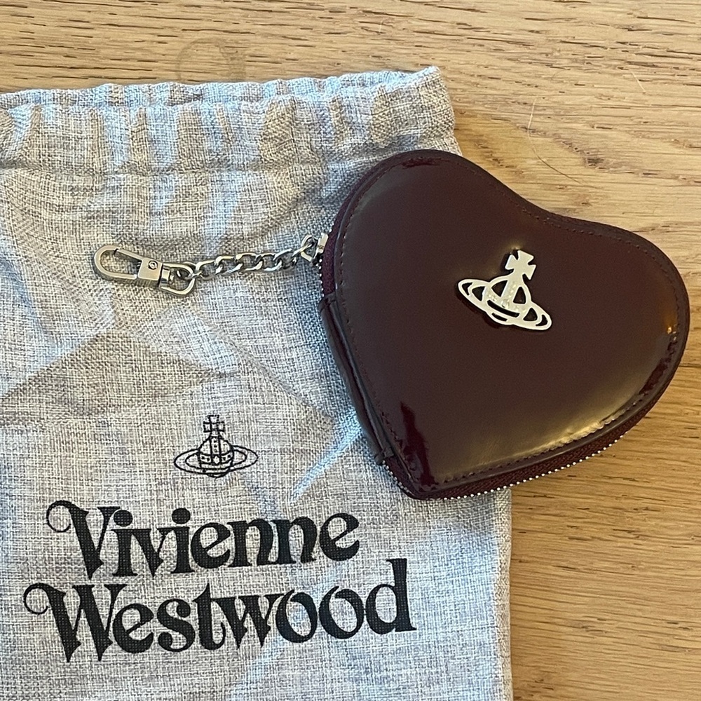 Vivienne Westwood Burgundy Heart Pouch Patent Orb Logo Coin Key Case